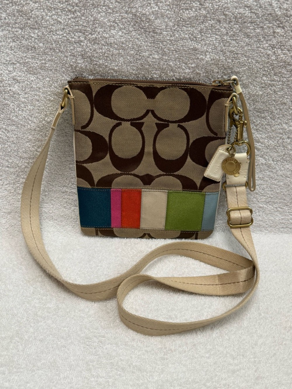 Coach Brown Signature Canvas Crossbody with Multicolor Stripe